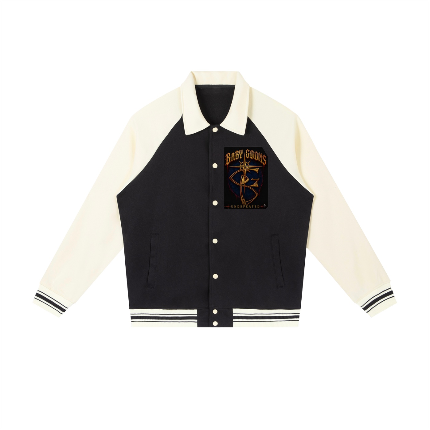 Contrast Raglan Sleeve Baseball Jacket BG BABY GOONS UNDEFEATED BLACK TOP